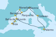 Visitando Savona (Italia), Bahía de las Calanques - Experiencia a bordo, Marsella (Francia), Barcelona, Mar de las Baleares - Experiencia a bordo, Mar de las Baleares - Experiencia a bordo, Ibiza (España), Bahía de Ibiza, Palermo (Italia), Civitavecchia (Roma), Savona (Italia)