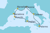 Visitando Savona (Italia), Marsella (Francia), Barcelona, Mar de las Baleares - Experiencia a bordo, Mar de las Baleares - Experiencia a bordo, Cagliari (Cerdeña), Palermo (Italia), Civitavecchia (Roma), Savona (Italia)