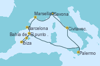 Visitando Savona (Italia), Marsella (Francia), Barcelona, Mar de las Baleares - Experiencia a bordo, Mar de las Baleares - Experiencia a bordo, Ibiza (España), Bahía de Ibiza, Palermo (Italia), Civitavecchia (Roma), Savona (Italia)