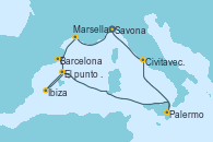 Visitando Savona (Italia), Marsella (Francia), Barcelona, Mar de las Baleares - Experiencia a bordo, Mar de las Baleares - Experiencia a bordo, Ibiza (España), Palermo (Italia), Civitavecchia (Roma), Savona (Italia)