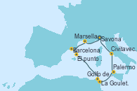 Visitando Savona (Italia), Marsella (Francia), Barcelona, Mar de las Baleares - Experiencia a bordo, Mar de las Baleares - Experiencia a bordo, La Goulette (Tunez), Golfo de Túnez, Palermo (Italia), Civitavecchia (Roma), Savona (Italia)