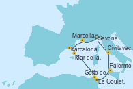 Visitando Savona (Italia), Marsella (Francia), Barcelona, Mar de las Baleares - Experiencia a bordo, Mar de las Baleares - Experiencia a bordo, La Goulette (Tunez), Golfo de Túnez, Palermo (Italia), Civitavecchia (Roma), Savona (Italia)