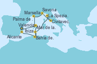 Visitando ValenciaMar de las Baleares - Experiencia a bordo, Mar de las Baleares - Experiencia a bordo, Palma de Mallorca (España), Bahía de Palma, Bahía de Palma, Ibiza (España), La Spezia, Florencia y Pisa (Italia), Civitavecchia (Roma), Savona (Italia), Marsella (Francia), Palma de Mallorca (España), Bahía de Palma, Bahía de Palma, Alicante (España)