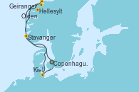 Visitando Copenhague (Dinamarca), Hellesylt (Noruega), Geiranger (Noruega), Geiranger (Noruega), Olden (Noruega), Stavanger (Noruega), Kiel (Alemania), Copenhague (Dinamarca)