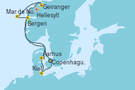 Visitando Copenhague (Dinamarca), Hellesylt (Noruega), Geiranger (Noruega), Geiranger (Noruega), Bergen (Noruega), Mar de Noruega, Aarhus (Dinamarca), Kiel (Alemania), Copenhague (Dinamarca)