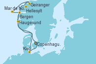 Visitando Copenhague (Dinamarca), Hellesylt (Noruega), Geiranger (Noruega), Geiranger (Noruega), Bergen (Noruega), Mar de Noruega, Haugesund (Noruega), Kiel (Alemania), Copenhague (Dinamarca)