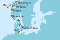 Visitando Copenhague (Dinamarca), Hellesylt (Noruega), Geiranger (Noruega), Geiranger (Noruega), Bergen (Noruega), Mar de Noruega, Stavanger (Noruega), Kiel (Alemania), Copenhague (Dinamarca)