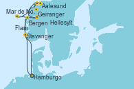 Visitando Hamburgo (Alemania), Bergen (Noruega), Mar de Noruega, Hellesylt (Noruega), Geiranger (Noruega), Geiranger (Noruega), Aalesund (Noruega), Flam (Noruega), Stavanger (Noruega), Hamburgo (Alemania)