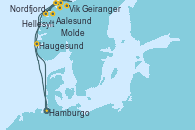 Visitando Hamburgo (Alemania), Aalesund (Noruega), Hellesylt (Noruega), Geiranger (Noruega), Geiranger (Noruega), Molde (Noruega), Nordfjordeid, Vik (Noruega), Haugesund (Noruega), Hamburgo (Alemania)
