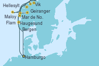 Visitando Hamburgo (Alemania), Haugesund (Noruega), Hellesylt (Noruega), Geiranger (Noruega), Geiranger (Noruega), Maloy (Noruega), Flam (Noruega), Bergen (Noruega), Mar de Noruega, Vik (Noruega), Hamburgo (Alemania)