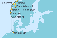 Visitando Hamburgo (Alemania), Haugesund (Noruega), Maloy (Noruega), Hellesylt (Noruega), Geiranger (Noruega), Geiranger (Noruega), Molde (Noruega), Nordfjordeid, Flam (Noruega), Aalesund (Noruega), Hamburgo (Alemania)