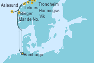Visitando Hamburgo (Alemania), Bergen (Noruega), Mar de Noruega, Leknes (Noruega), Honningsvag (Noruega), Honningsvag (Noruega), Trondheim (Noruega), Aalesund (Noruega), Vik (Noruega), Hamburgo (Alemania)