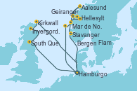Visitando Hamburgo (Alemania), South Queensferry (Escocia), South Queensferry (Escocia), Invergordon (Escocia), Kirkwall (Escocia), Hamburgo (Alemania), Bergen (Noruega), Mar de Noruega, Hellesylt (Noruega), Geiranger (Noruega), Geiranger (Noruega), Aalesund (Noruega), Flam (Noruega), Stavanger (Noruega), Hamburgo (Alemania)