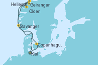 Visitando Kiel (Alemania), Copenhague (Dinamarca), Hellesylt (Noruega), Geiranger (Noruega), Geiranger (Noruega), Olden (Noruega), Stavanger (Noruega), Kiel (Alemania)