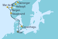Visitando Kiel (Alemania), Copenhague (Dinamarca), Hellesylt (Noruega), Geiranger (Noruega), Geiranger (Noruega), Bergen (Noruega), Mar de Noruega, Haugesund (Noruega), Kiel (Alemania)