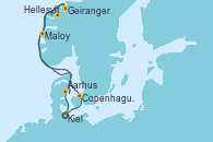 Visitando Kiel (Alemania), Copenhague (Dinamarca), Hellesylt (Noruega), Geiranger (Noruega), Geiranger (Noruega), Maloy (Noruega), Aarhus (Dinamarca), Kiel (Alemania)