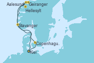 Visitando Kiel (Alemania), Copenhague (Dinamarca), Hellesylt (Noruega), Geiranger (Noruega), Geiranger (Noruega), Aalesund (Noruega), Stavanger (Noruega), Kiel (Alemania)