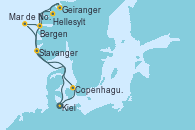 Visitando Kiel (Alemania), Copenhague (Dinamarca), Hellesylt (Noruega), Geiranger (Noruega), Geiranger (Noruega), Bergen (Noruega), Mar de Noruega, Stavanger (Noruega), Kiel (Alemania)