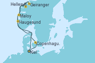 Visitando Kiel (Alemania), Copenhague (Dinamarca), Hellesylt (Noruega), Geiranger (Noruega), Geiranger (Noruega), Maloy (Noruega), Haugesund (Noruega), Kiel (Alemania)