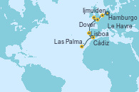 Visitando Hamburgo (Alemania), Ijmuiden (Ámsterdam), Dover (Inglaterra), Le Havre (Francia), Lisboa (Portugal), Cádiz (España), Las Palmas de Gran Canaria (España)