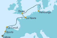Visitando Lisboa (Portugal), Oporto (Portugal), La Coruña (Galicia/España), Le Havre (Francia), Dover (Inglaterra), Hamburgo (Alemania)