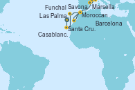Visitando Las Palmas de Gran Canaria (España), Santa Cruz de Tenerife (España), Funchal (Madeira), Moroccan Sea Darkest Spot - Experiencia a bordo, Moroccan Sea Darkest Spot - Experiencia a bordo, Casablanca (Marruecos), Barcelona, Marsella (Francia), Savona (Italia)