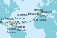 Visitando Marsella (Francia), Savona (Italia), Barcelona, Málaga, Las Palmas de Gran Canaria (España), Pointe a Pitre (Guadalupe), Philipsburg (St. Maarten), La Romana (República Dominicana), Mar del Caribe - Experiencia a bordo, Castries (Santa Lucía/Caribe), Pointe a Pitre (Guadalupe), Bahía de Guadalupe - Experiencia a bordo, Bahía de Guadalupe - Experiencia a bordo, Antigua (Antillas), Basseterre (Antillas), Road Town (Isla Tórtola/Islas Vírgenes), La Romana (República Dominicana)