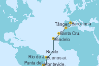 Visitando Montevideo (Uruguay), Punta del Este (Uruguay), Buenos aires, Río de Janeiro (Brasil), Recife (Brasil), Mindelo (Cabo Verde), Santa Cruz de Tenerife (España), Tánger (Marruecos), Barcelona