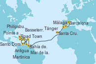 Visitando Pointe a Pitre (Guadalupe), Basseterre (Antillas), Mar de las Antillas - Experiencia a bordo, Road Town (Isla Tórtola/Islas Vírgenes), Santo Domingo (República Dominicana), Philipsburg (St. Maarten), Martinica (Antillas), Bahía de Martinica - Experiencia a bordo, Pointe a Pitre (Guadalupe), Basseterre (Antillas), Antigua (Antillas), Santa Cruz de Tenerife (España), Tánger (Marruecos), Málaga, Barcelona