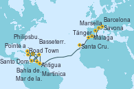 Visitando Pointe a Pitre (Guadalupe), Basseterre (Antillas), Mar de las Antillas - Experiencia a bordo, Road Town (Isla Tórtola/Islas Vírgenes), Santo Domingo (República Dominicana), Philipsburg (St. Maarten), Martinica (Antillas), Bahía de Martinica - Experiencia a bordo, Pointe a Pitre (Guadalupe), Basseterre (Antillas), Antigua (Antillas), Santa Cruz de Tenerife (España), Tánger (Marruecos), Málaga, Barcelona, Marsella (Francia), Savona (Italia)