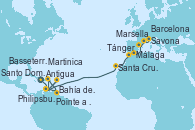 Visitando Santo Domingo (República Dominicana), Philipsburg (St. Maarten), Martinica (Antillas), Bahía de Martinica - Experiencia a bordo, Pointe a Pitre (Guadalupe), Basseterre (Antillas), Antigua (Antillas), Santa Cruz de Tenerife (España), Tánger (Marruecos), Málaga, Barcelona, Marsella (Francia), Savona (Italia)