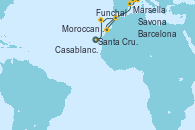 Visitando Santa Cruz de Tenerife (España), Funchal (Madeira), Moroccan Sea Darkest Spot - Experiencia a bordo, Moroccan Sea Darkest Spot - Experiencia a bordo, Casablanca (Marruecos), Barcelona, Marsella (Francia), Savona (Italia)
