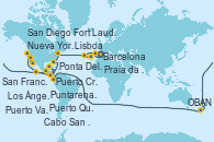 Visitando Barcelona, Lisboa (Portugal), Ponta Delgada (Azores), Praia da Vittoria (Azores), Nueva York (Estados Unidos), Nueva York (Estados Unidos), Fort Lauderdale (Florida/EEUU), Fort Lauderdale (Florida/EEUU), OBAN (HALFMOON BAY), Puerto Cristóbal (Panamá), Puntarenas (Costa Rica), Puerto Quetzal (Guatemala), Puerto Vallarta (México), Cabo San Lucas (México), San Diego (California/EEUU), Los Ángeles (California), Los Ángeles (California), San Francisco (California/EEUU)