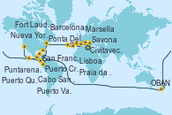 Visitando Civitavecchia (Roma), Savona (Italia), Marsella (Francia), Barcelona, Lisboa (Portugal), Ponta Delgada (Azores), Praia da Vittoria (Azores), Nueva York (Estados Unidos), Nueva York (Estados Unidos), Fort Lauderdale (Florida/EEUU), Fort Lauderdale (Florida/EEUU), OBAN (HALFMOON BAY), Puerto Cristóbal (Panamá), Puntarenas (Costa Rica), Puerto Quetzal (Guatemala), Puerto Vallarta (México), Cabo San Lucas (México), San Diego (California/EEUU), Los Ángeles (California), Los Ángeles (California), San Francisco (California/EEUU)