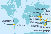Visitando Hong Kong (China), Subic Bay -  Philippines, Boracay (Filipinas), Puerto Princesa Palawan (Filipinas), Bali (Indonesia), Bali (Indonesia), Darwin (Australia), Cairns (Australia), Brisbane (Australia), Sydney (Australia), Nouméa (Nueva Caledonia), Lifou (Isla Loyalty/Nueva Caledonia), Suva (Fiyi), Nukualofa (Tongatapu), CIDL East - West (add. 24h), Rarotonga (Islas Cook), Papeete (Tahití), Islas Pitcairn (Pacífico), Isla Pascua (Chile), San Antonio (Chile)