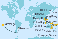 Visitando Hong Kong (China), Subic Bay -  Philippines, Boracay (Filipinas), Puerto Princesa Palawan (Filipinas), Bali (Indonesia), Bali (Indonesia), Darwin (Australia), Cairns (Australia), Brisbane (Australia), Sydney (Australia), Nouméa (Nueva Caledonia), Lifou (Isla Loyalty/Nueva Caledonia), Suva (Fiyi), Nukualofa (Tongatapu), CIDL East - West (add. 24h), Rarotonga (Islas Cook), Papeete (Tahití), Islas Pitcairn (Pacífico), Isla Pascua (Chile), San Antonio (Chile), Puerto Montt (Chile), Puerto Chacabuco (Chile), Punta Arenas (Chile), Ushuaia (Argentina), Ushuaia (Argentina), Puerto Madryn (Argentina), Buenos aires