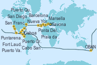 Visitando Savona (Italia), Marsella (Francia), Barcelona, Lisboa (Portugal), Ponta Delgada (Azores), Praia da Vittoria (Azores), Nueva York (Estados Unidos), Nueva York (Estados Unidos), Fort Lauderdale (Florida/EEUU), Fort Lauderdale (Florida/EEUU), OBAN (HALFMOON BAY), Puerto Cristóbal (Panamá), Puntarenas (Costa Rica), Puerto Quetzal (Guatemala), Puerto Vallarta (México), Cabo San Lucas (México), San Diego (California/EEUU), Los Ángeles (California), Los Ángeles (California), San Francisco (California/EEUU)