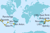 Visitando Sydney (Australia), Nouméa (Nueva Caledonia), Lifou (Isla Loyalty/Nueva Caledonia), Suva (Fiyi), Nukualofa (Tongatapu), CIDL East - West (add. 24h), Rarotonga (Islas Cook), Papeete (Tahití), Islas Pitcairn (Pacífico), Isla Pascua (Chile), San Antonio (Chile)