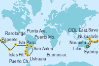 Visitando Sydney (Australia), Nouméa (Nueva Caledonia), Lifou (Isla Loyalty/Nueva Caledonia), Suva (Fiyi), Nukualofa (Tongatapu), CIDL East - West (add. 24h), Rarotonga (Islas Cook), Papeete (Tahití), Islas Pitcairn (Pacífico), Isla Pascua (Chile), San Antonio (Chile), Puerto Montt (Chile), Puerto Chacabuco (Chile), Punta Arenas (Chile), Ushuaia (Argentina), Ushuaia (Argentina), Puerto Madryn (Argentina), Buenos aires