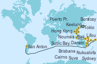 Visitando Tokio (Japón), Keelung (Taiwán), Hong Kong (China), Subic Bay -  Philippines, Boracay (Filipinas), Puerto Princesa Palawan (Filipinas), Bali (Indonesia), Bali (Indonesia), Darwin (Australia), Cairns (Australia), Brisbane (Australia), Sydney (Australia), Nouméa (Nueva Caledonia), Lifou (Isla Loyalty/Nueva Caledonia), Suva (Fiyi), Nukualofa (Tongatapu), CIDL East - West (add. 24h), Rarotonga (Islas Cook), Papeete (Tahití), Islas Pitcairn (Pacífico), Isla Pascua (Chile), San Antonio (Chile)