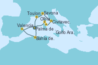 Visitando Palma de Mallorca (España)Bahía de Palma, Bahía de Palma, Valencia, Mar de las Baleares - Experiencia a bordo, Olbia (Cerdeña), Golfo Aranci, Civitavecchia (Roma), Savona (Italia), Toulon (Francia), Palma de Mallorca (España)