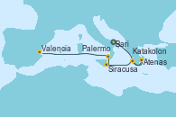 Visitando Bari (Italia), Atenas (Grecia), Katakolon (Olimpia/Grecia), Siracusa (Sicilia), Palermo (Italia), Valencia