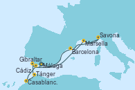 Visitando Málaga, Marsella (Francia), Savona (Italia), Barcelona, Gibraltar (Inglaterra), Casablanca (Marruecos), Tánger (Marruecos), Cádiz (España), Málaga