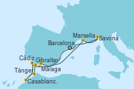 Visitando Barcelona, Gibraltar (Inglaterra), Tánger (Marruecos), Casablanca (Marruecos), Cádiz (España), Málaga, Marsella (Francia), Savona (Italia), Barcelona