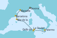 Visitando Savona (Italia), Marsella (Francia), Barcelona, Mar de las Baleares - Experiencia a bordo, Mar de las Baleares - Experiencia a bordo, La Goulette (Tunez), Golfo de Túnez - Experiencia a bordo, Palermo (Italia)