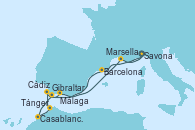 Visitando Savona (Italia), Barcelona, Gibraltar (Inglaterra), Casablanca (Marruecos), Tánger (Marruecos), Cádiz (España), Málaga, Marsella (Francia), Savona (Italia)