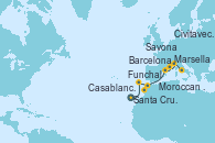 Visitando Santa Cruz de Tenerife (España), Funchal (Madeira), Moroccan Sea Darkest Spot - Experiencia a bordo, Moroccan Sea Darkest Spot - Experiencia a bordo, Casablanca (Marruecos), Barcelona, Marsella (Francia), Savona (Italia), Civitavecchia (Roma)