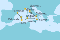 Visitando Civitavecchia (Roma), Villefranche (Niza/Mónaco/Francia), Livorno, Pisa y Florencia (Italia), Salerno (Italia), Palermo (Italia), Cagliari (Cerdeña), Ibiza (España), Palma de Mallorca (España), Barcelona