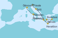 Visitando Trieste (Italia), Split (Croacia), Atenas (Grecia), Kusadasi (Efeso/Turquía), Heraklion (Creta), Katakolon (Olimpia/Grecia), Nápoles (Italia), Génova (Italia)
