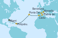 Visitando Miami (Florida/EEUU), Philipsburg (St. Maarten), Ponta Delgada (Azores), Cádiz (España), Palma de Mallorca (España), Marsella (Francia), Barcelona